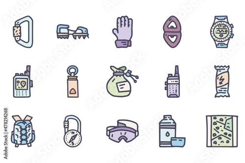 Rock climbing equipment color vector doodle simple icon set
