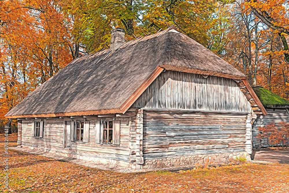 Old wooden log house in the forest in autumn. An old house illustration is drawn Old wooden log house in the forest in autumn. An old house illustration is drawn