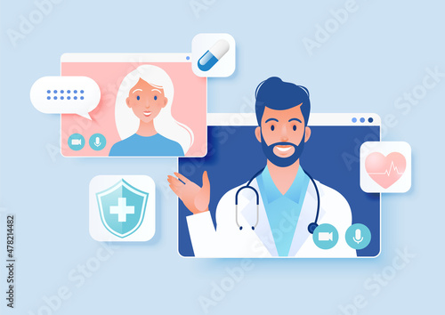 Telemedicine concept vector illustration. Patient consulting doctor using online technology through video call app.