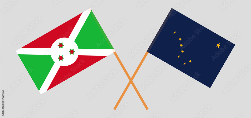 Crossed flags of Burundi and the State of Alaska. Official colors. Correct proportion Crossed flags of Burundi and the State of Alaska. Official colors. Correct proportion
