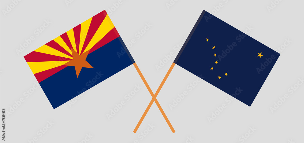 Crossed flags of the State of Arizona and the State of Alaska. Official colors. Correct proportion Crossed flags of the State of Arizona and the State of Alaska. Official colors. Correct proportion