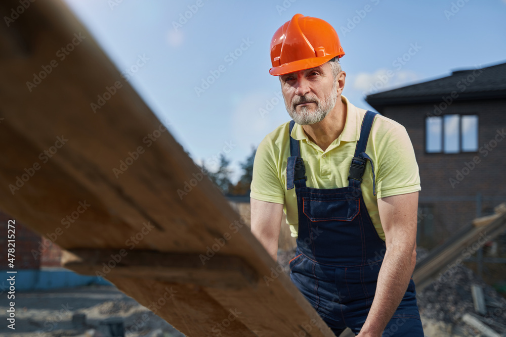 Male builder lowering end of board on ground Male builder lowering end of board on ground