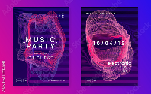 Neon dance flyer. Electro trance music. Techno dj party. Electronic sound event. Club fest poster.