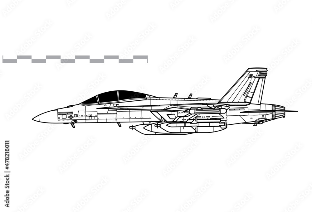 Boeing EA-18G Growler. Vector drawing of electronic warfare aircraft aircraft. Side view. Image for illustration and infographics. Boeing EA-18G Growler. Vector drawing of electronic warfare aircraft aircraft. Side view. Image for illustration and infographics.