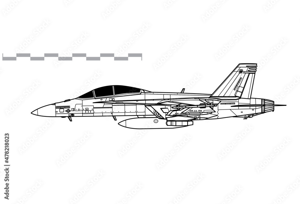 Boeing F/A-18F Super Hornet. Vector drawing of multirole fighter aircraft. Side view. Image for illustration and infographics. Boeing F/A-18F Super Hornet. Vector drawing of multirole fighter aircraft. Side view. Image for illustration and infographics.