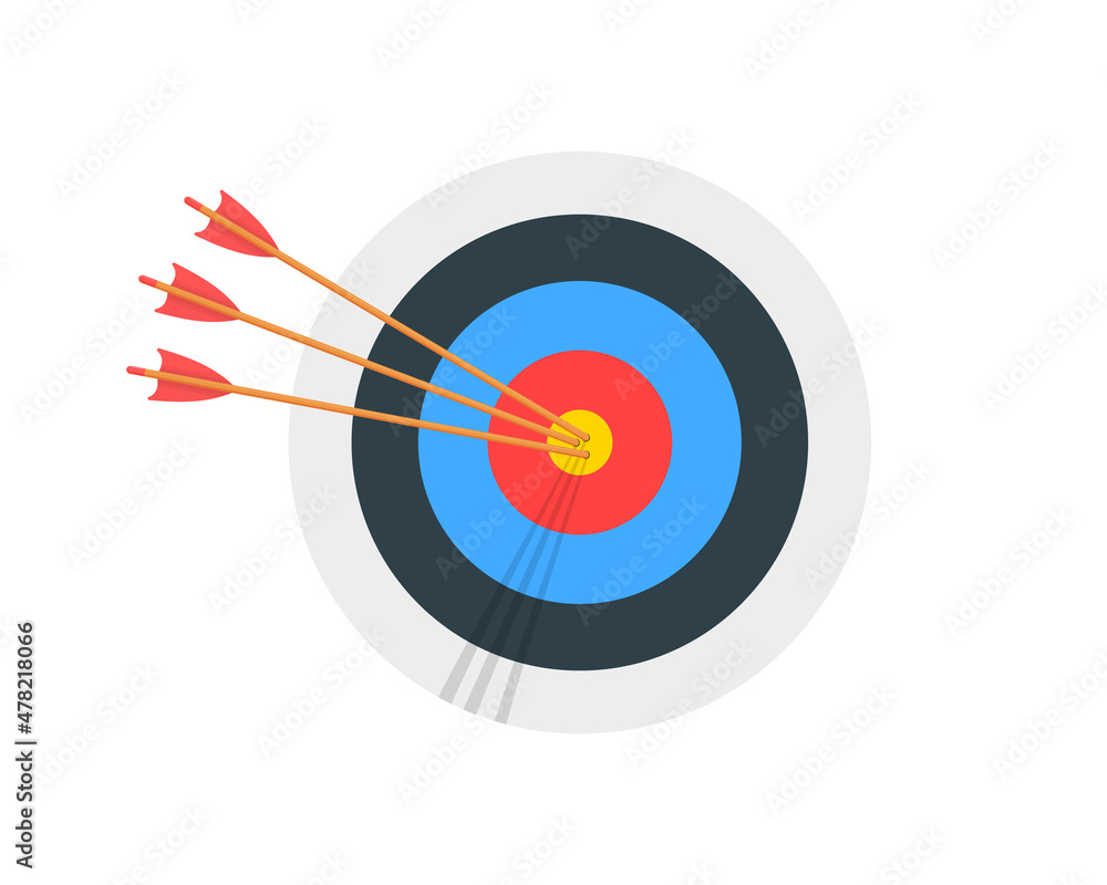 Archery target ring with three arrows hitting bullseye. Round shaped dartboard front view. Goal achieving concept. Business success strategy symbol. Vector cartoon illustration. Archery target ring with three arrows hitting bullseye. Round shaped dartboard front view. Goal achieving concept. Business success strategy symbol. Vector cartoon illustration.