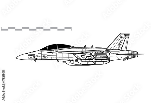 Boeing EA-18G Growler. Vector drawing of electronic warfare aircraft aircraft. Side view. Image for illustration and infographics.