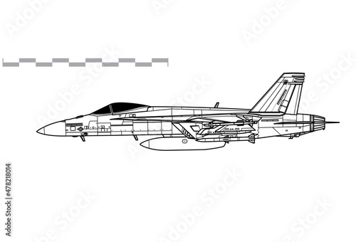 Boeing F/A-18E Super Hornet. Vector drawing of multirole fighter aircraft. Side view. Image for illustration and infographics.