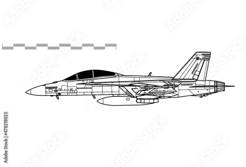 Boeing F/A-18F Super Hornet. Vector drawing of multirole fighter aircraft. Side view. Image for illustration and infographics.