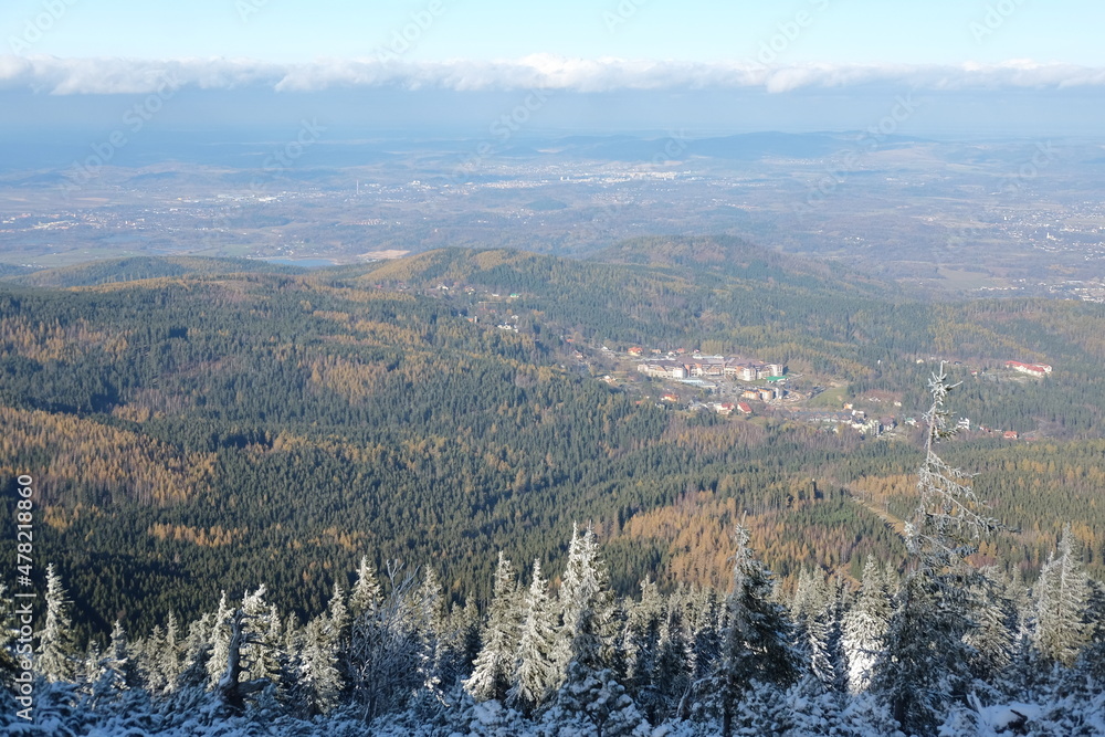 Winter in the forest. Panoramic view of a small town in the mountains Winter in the forest. Panoramic view of a small town in the mountains