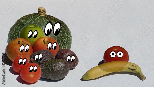 Fotografija Fruits and vegetables looking over at a banana called the Cavendish, which is susceptible to a deadly fungus called Tropical Race 4, or Panama Disease with fear and confusion in there eyes