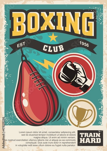 Boxing club retro advertisement on old paper texture. Blue background with sports boxing equipment. Speed ball and punching bag vector illustration.