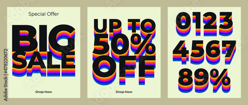 Retro style discount set designed with colorful layered letters and numbers.