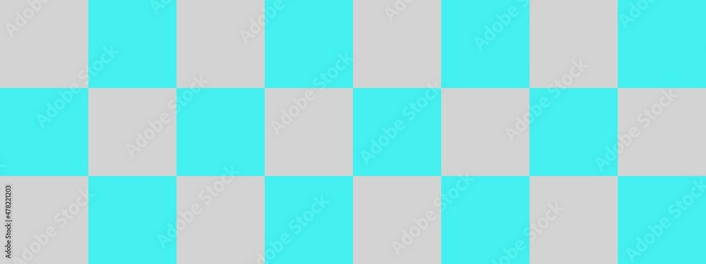 Checkerboard banner. Cyan and Light grey colors of checkerboard. Big squares, big cells. Chessboard, checkerboard texture. Squares pattern. Background.