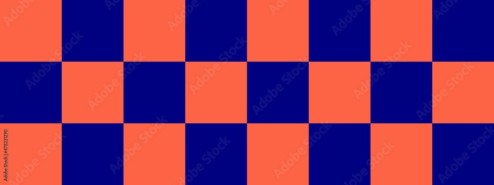 Checkerboard banner. Navy and Tomato colors of checkerboard. Big squares, big cells. Chessboard, checkerboard texture. Squares pattern. Background.