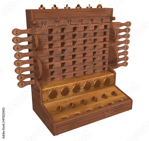 Willhelm Schickard's Calculator. 3D illustration of a Mechanical Calculating Device, designed and created by the German Astronomer, Mathematician and Inventor Wilhelm Schickard.