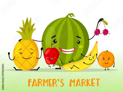 Welcome to farmer market poster template with cartoon fruits. Joyful fruits with faces in flat style. Advertising for a shop or festival of organic vegetables.