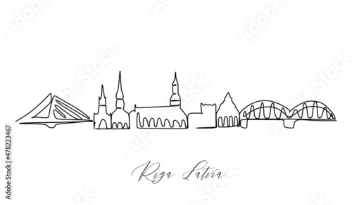 One continuous line drawing Riga city of Latvia skyline. Beautiful landmark. World landscape tourism travel vacation poster. Editable stylish stroke single line draw design vector illustration