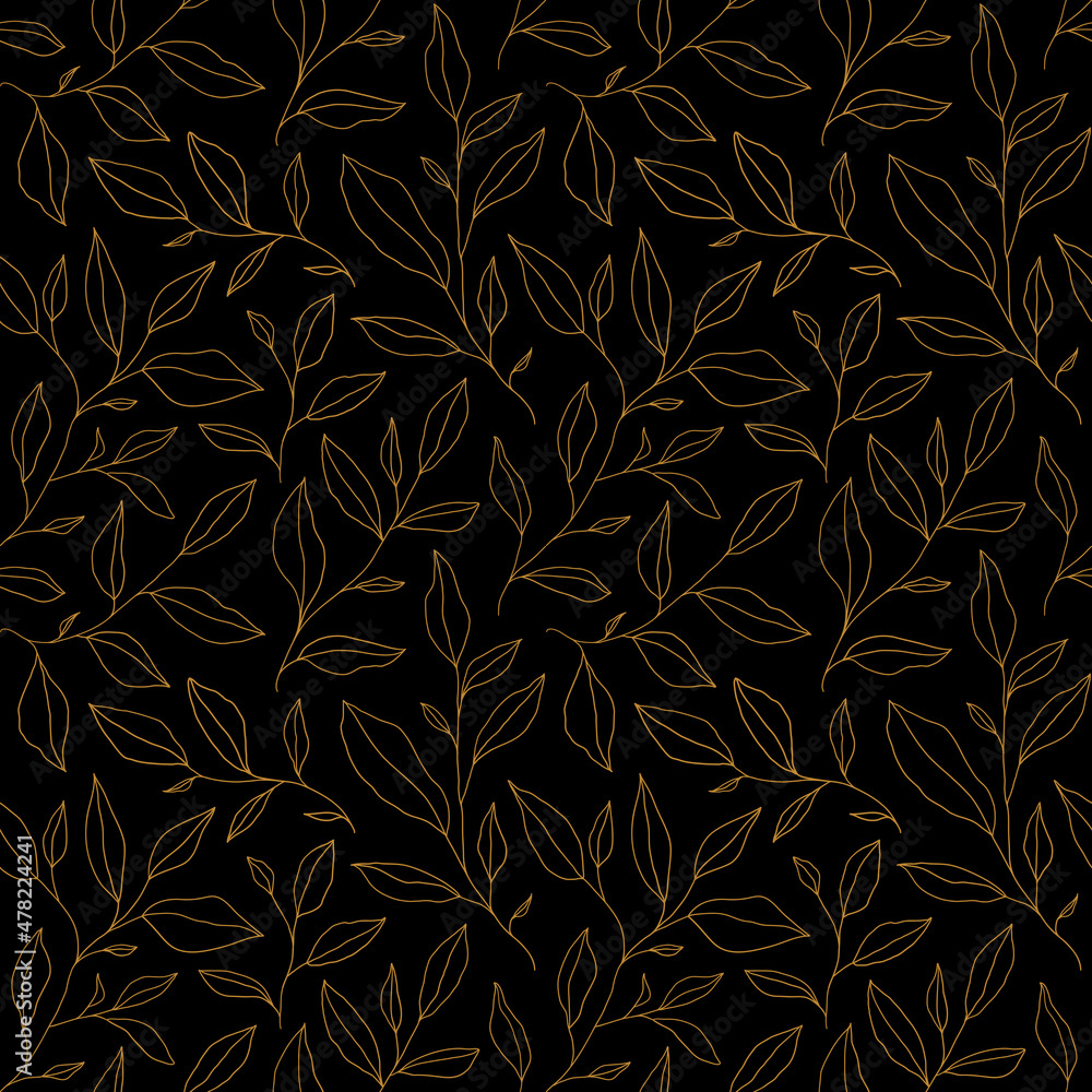 Seamless pattern with one line leaves. Vector floral background in trendy minimalistic linear style.