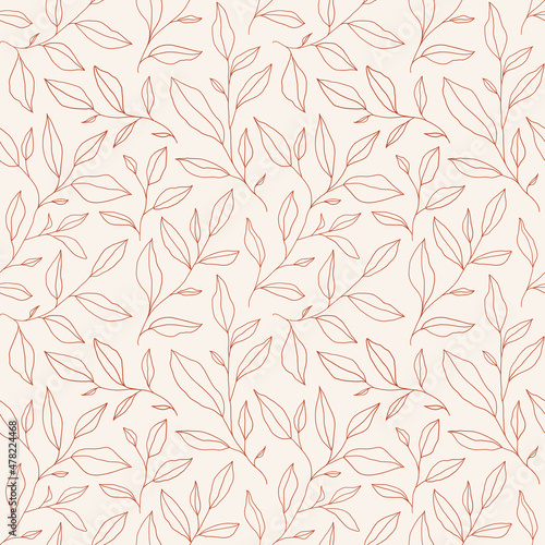 Seamless pattern with one line leaves. Vector floral background in trendy minimalistic linear style.