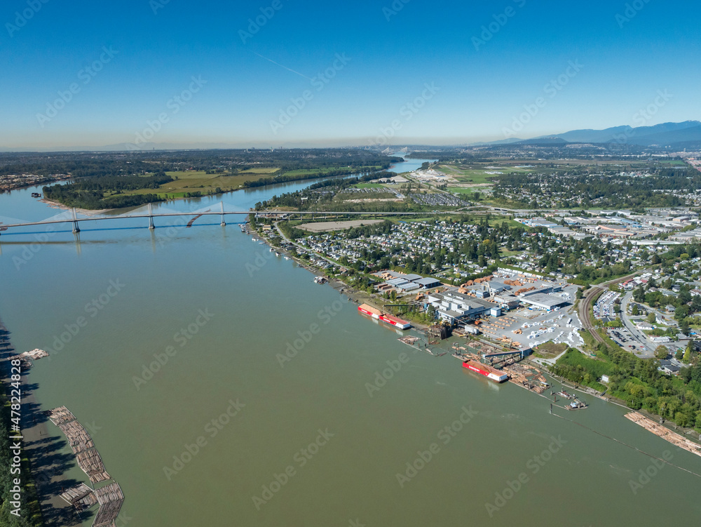 Fototapeta premium Stock Aerial Photo of Hammond Saw Mill and Golder Ears Bridge Maple Ridge BC, Canada