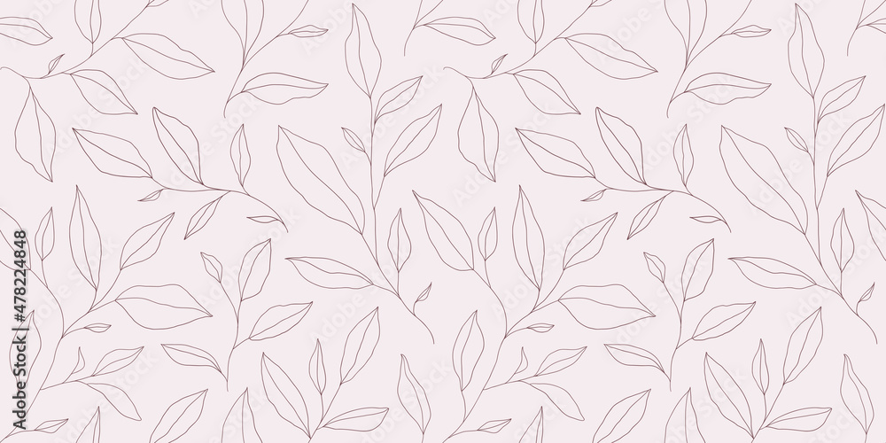 Fototapeta premium Seamless pattern with one line leaves. Vector floral background in trendy minimalistic linear style.