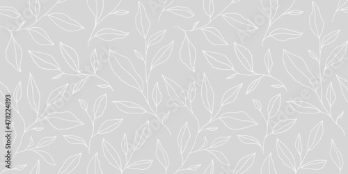 Seamless pattern with one line leaves. Vector floral background in trendy minimalistic linear style. © Oleksandra