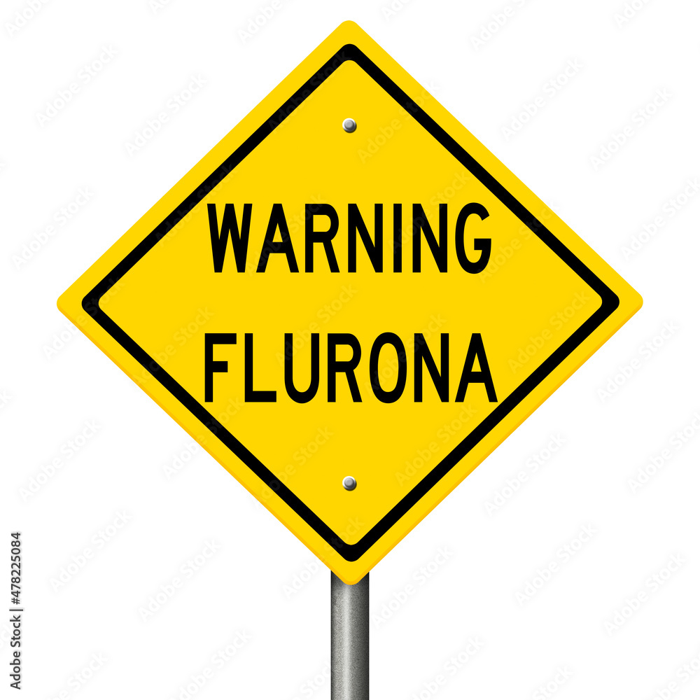 Rendered yellow highway sign warning of new COVID-19 variant FLURONA Rendered yellow highway sign warning of new COVID-19 variant FLURONA