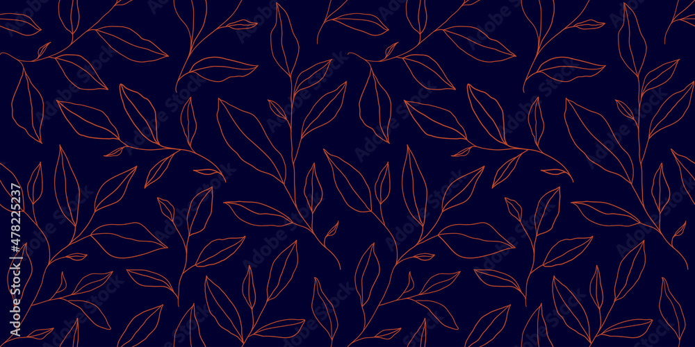 Seamless pattern with one line leaves. Vector floral background in trendy minimalistic linear style. Seamless pattern with one line leaves. Vector floral background in trendy minimalistic linear style.