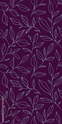 Seamless pattern with one line leaves. Vector floral background in trendy minimalistic linear style.