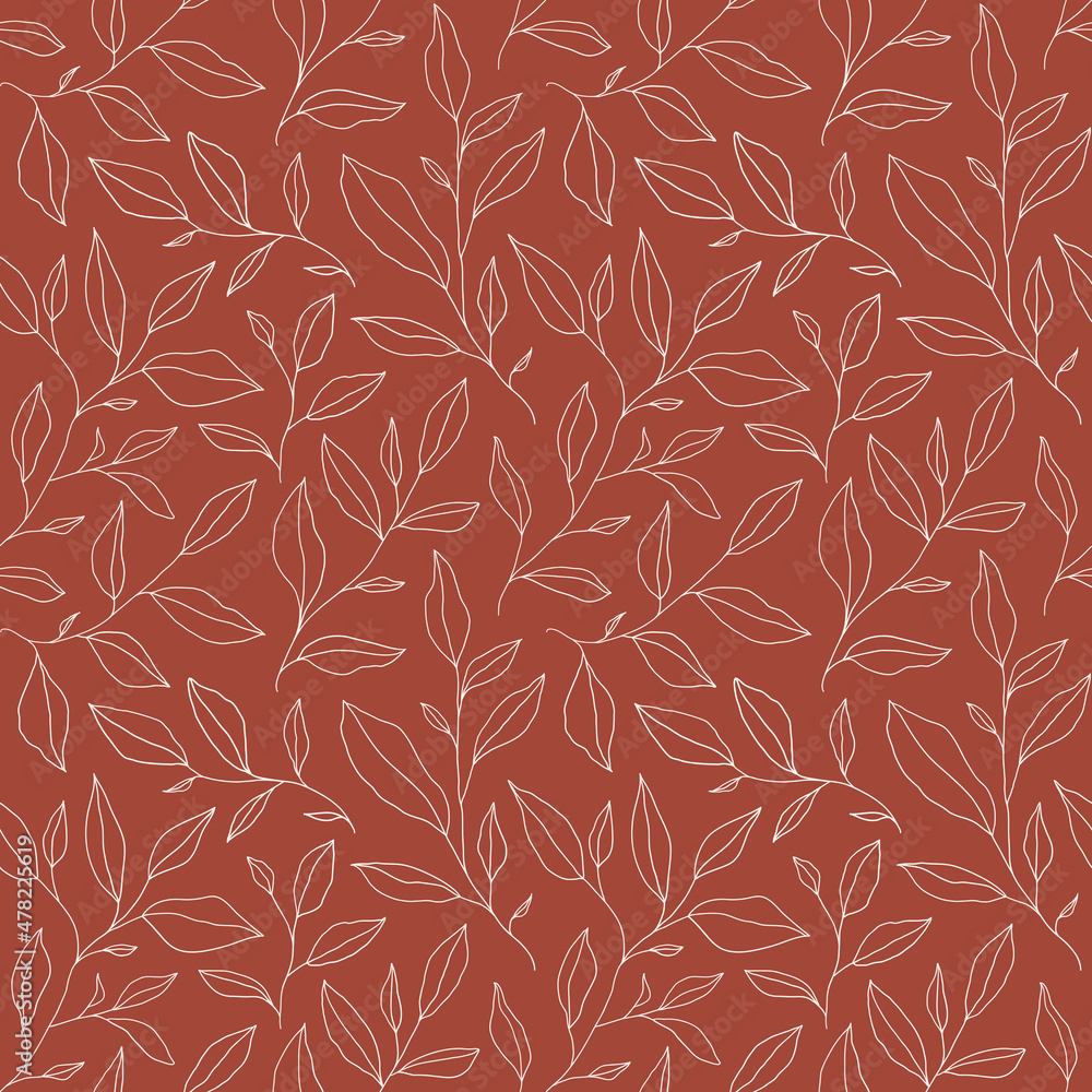 Fototapeta premium Seamless pattern with one line leaves. Vector floral background in trendy minimalistic linear style.