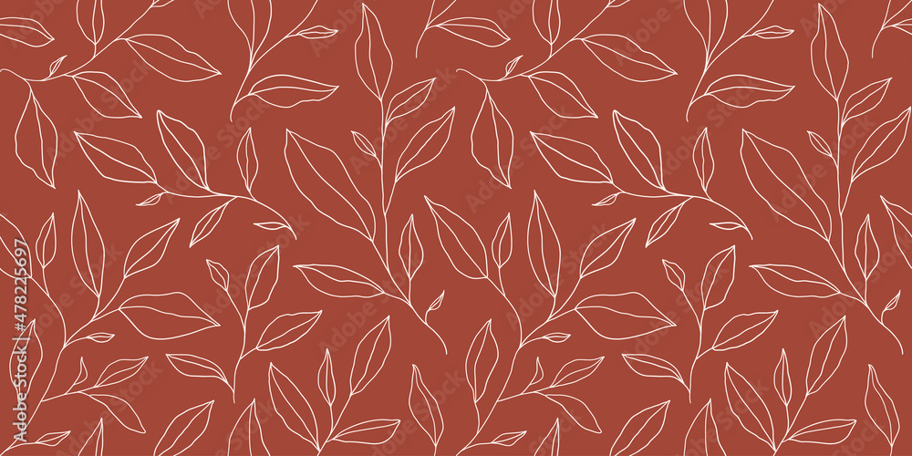 Fototapeta premium Seamless pattern with one line leaves. Vector floral background in trendy minimalistic linear style.