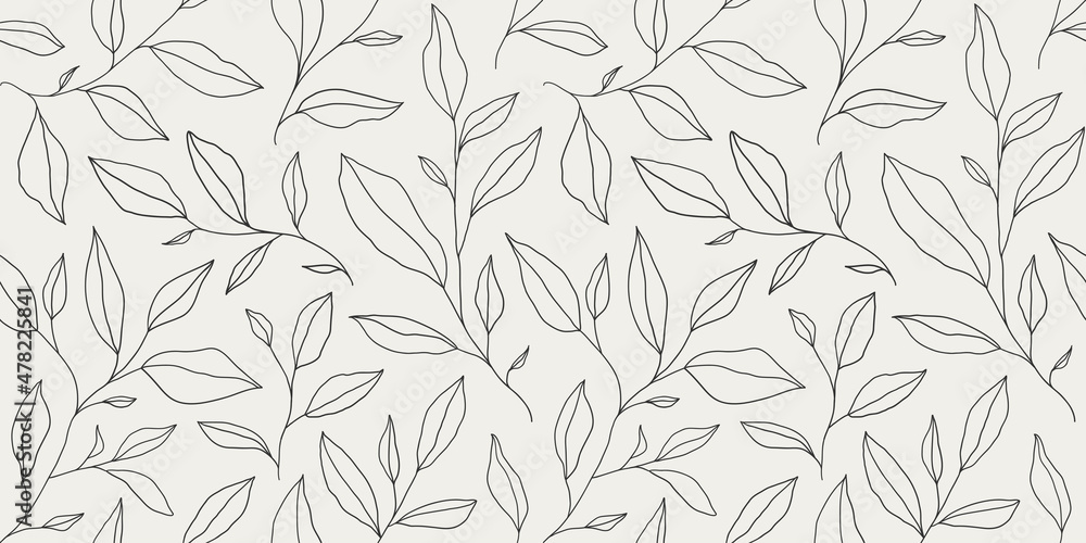 Seamless pattern with one line leaves. Vector floral background in trendy minimalistic linear style. - obrazy, fototapety, plakaty 