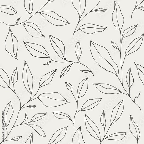 Seamless pattern with one line leaves. Vector floral background in trendy minimalistic linear style.