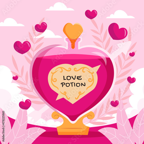 Love potion flat vector illustration design with liquid heart chemical bottle for romance concept and vintage style