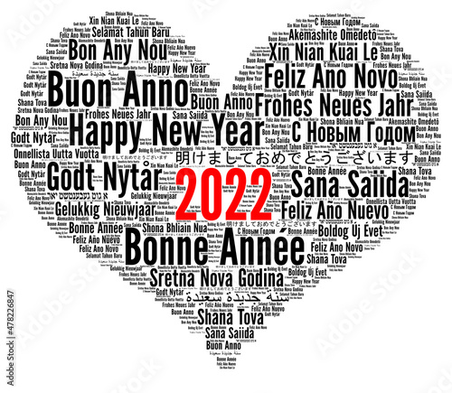 Happy New Year 2022 word cloud in different languages 