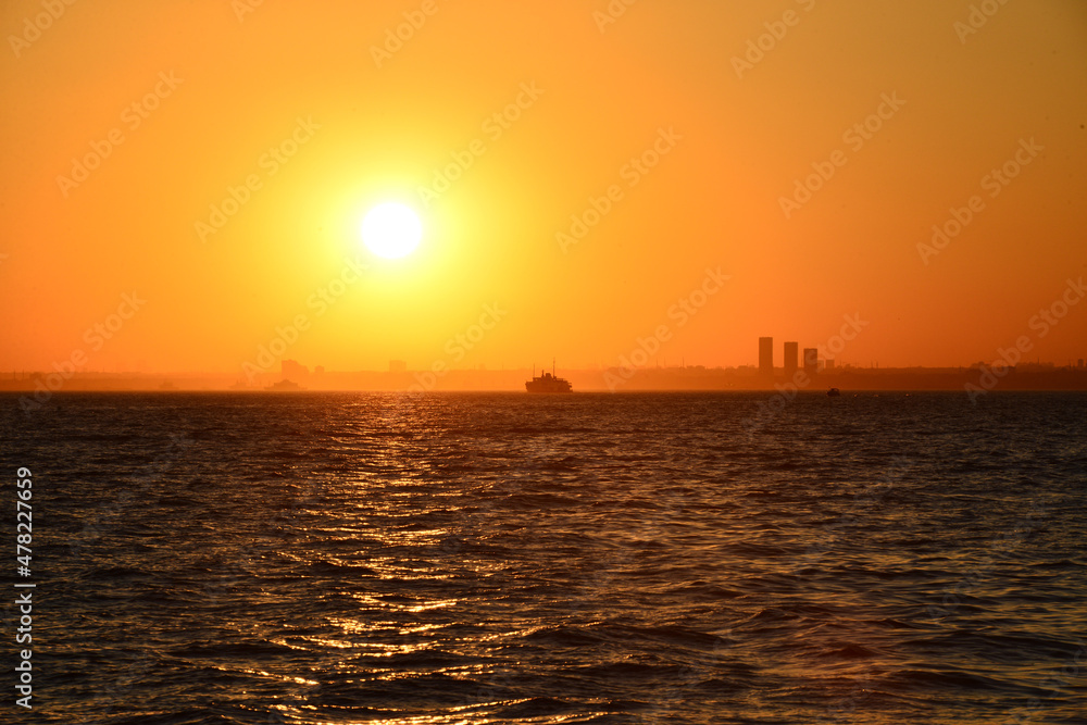 Sunset and ship and city, Istanbul, Turkey