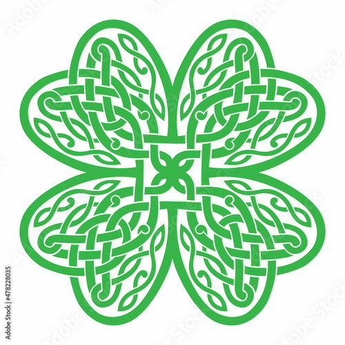 Four-leaf clover shaped knot made of Celtic heart shape knots, green silhouette, celtic style tattoo. Isolated vector illustration