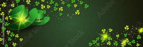St.Patrick's Day vector banner template. Green background with colorful clover leaves