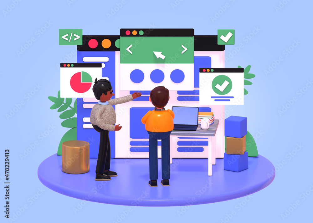 3d render of scene with people standing near big web page. Web app development, coding concept 3d render of scene with people standing near big web page. Web app development, coding concept