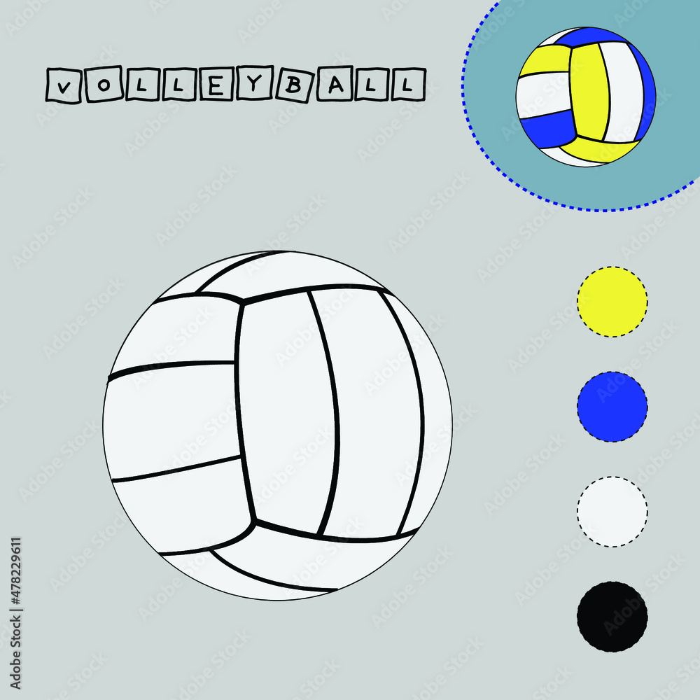 Coloring book of sports equipment, volleyball. Educational creative games for preschoolers