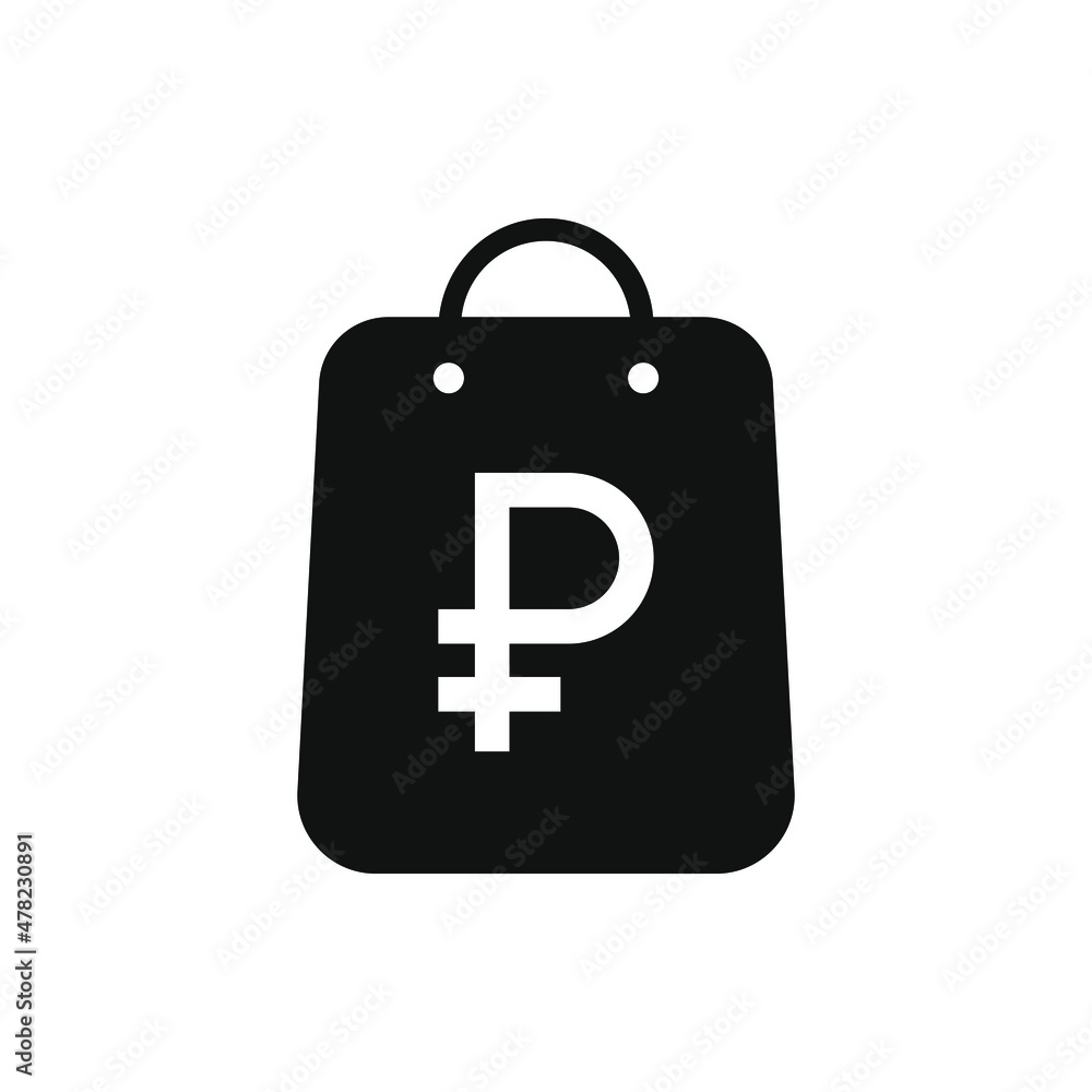 Ruble symbol on shopping bag icon design isolated on white background. Vector illustration Ruble symbol on shopping bag icon design isolated on white background. Vector illustration