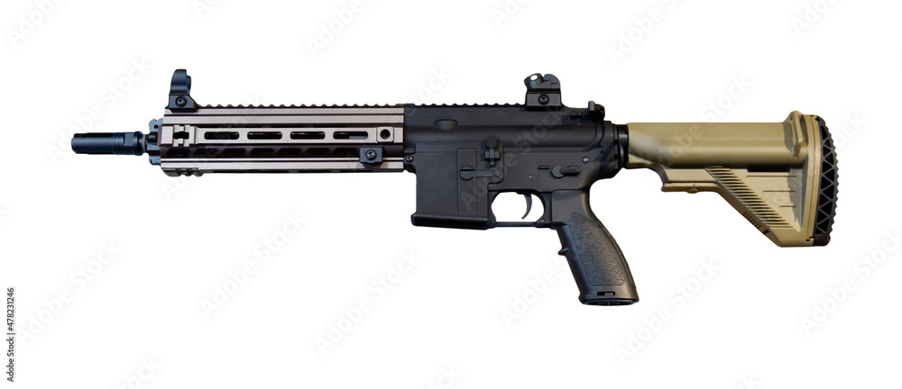 Firearm, assault rifle isolated over white background.