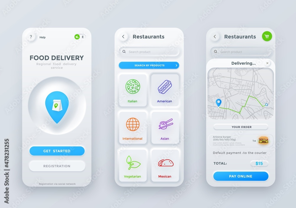 Neumorphic food order and delivery application interface. Vector ui, ux or gui of mobile app touch screen of fast food restaurant or cafe online order service, registration, search, menu page - obrazy, fototapety, plakaty 