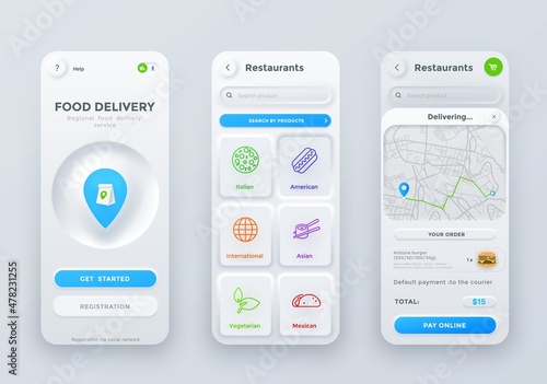 Neumorphic food order and delivery application interface. Vector ui, ux or gui of mobile app touch screen of fast food restaurant or cafe online order service, registration, search, menu page photo