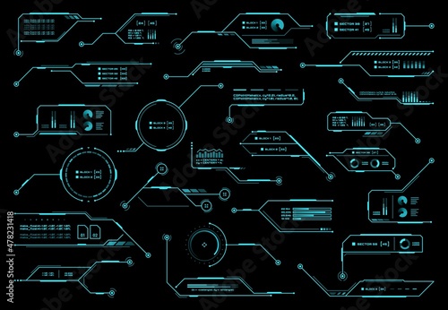 HUD futuristic display and screen, info boxes, ui interface. Vector callout titles, information call bars and digital tech style neon design elements for game or user app on black background set