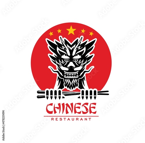 Chinese cuisine restaurant, dragon head and sticks, vector Asian bar emblem. Chinese cafe and authentic gourmet restaurant sign with dragon and noodles chopsticks on Chinese flag