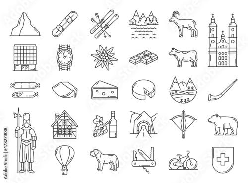 Switzerland travel landmarks and Swiss national symbols, vector icons. Switzerland tourism attraction, sightseeing, Alps and cheese, milk, bear, castles and knife, edelweiss, chocolate and watches