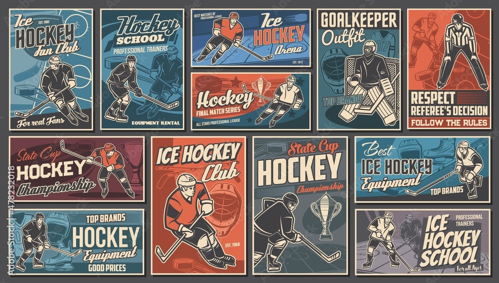 Hockey players. Ice hockey sport vintage posters and banners