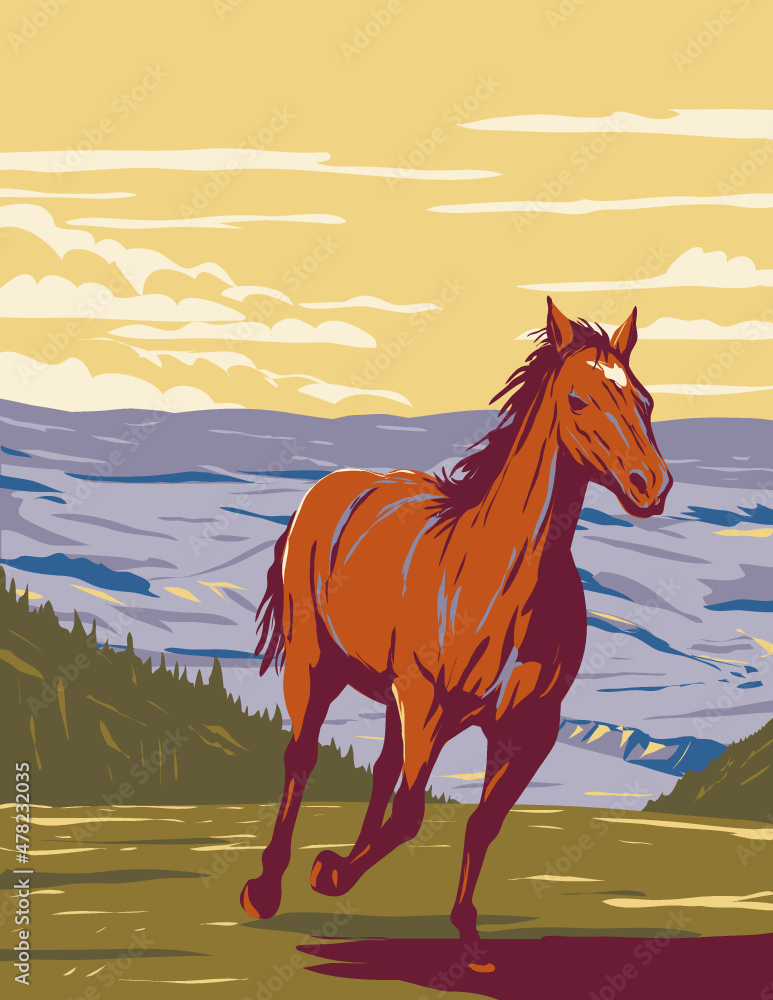 WPA poster art of mustang galloping in Pryor Mountain Wild Horse Range located in Carbon and Big Horn counties of Montana, United States of America USA done in works project administration style.
 - obrazy, fototapety, plakaty 